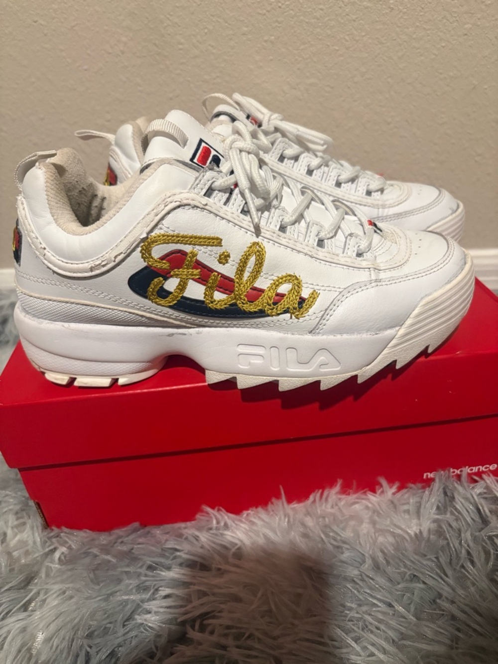 FILA White Sneakers with Gold Script and Navy Accents